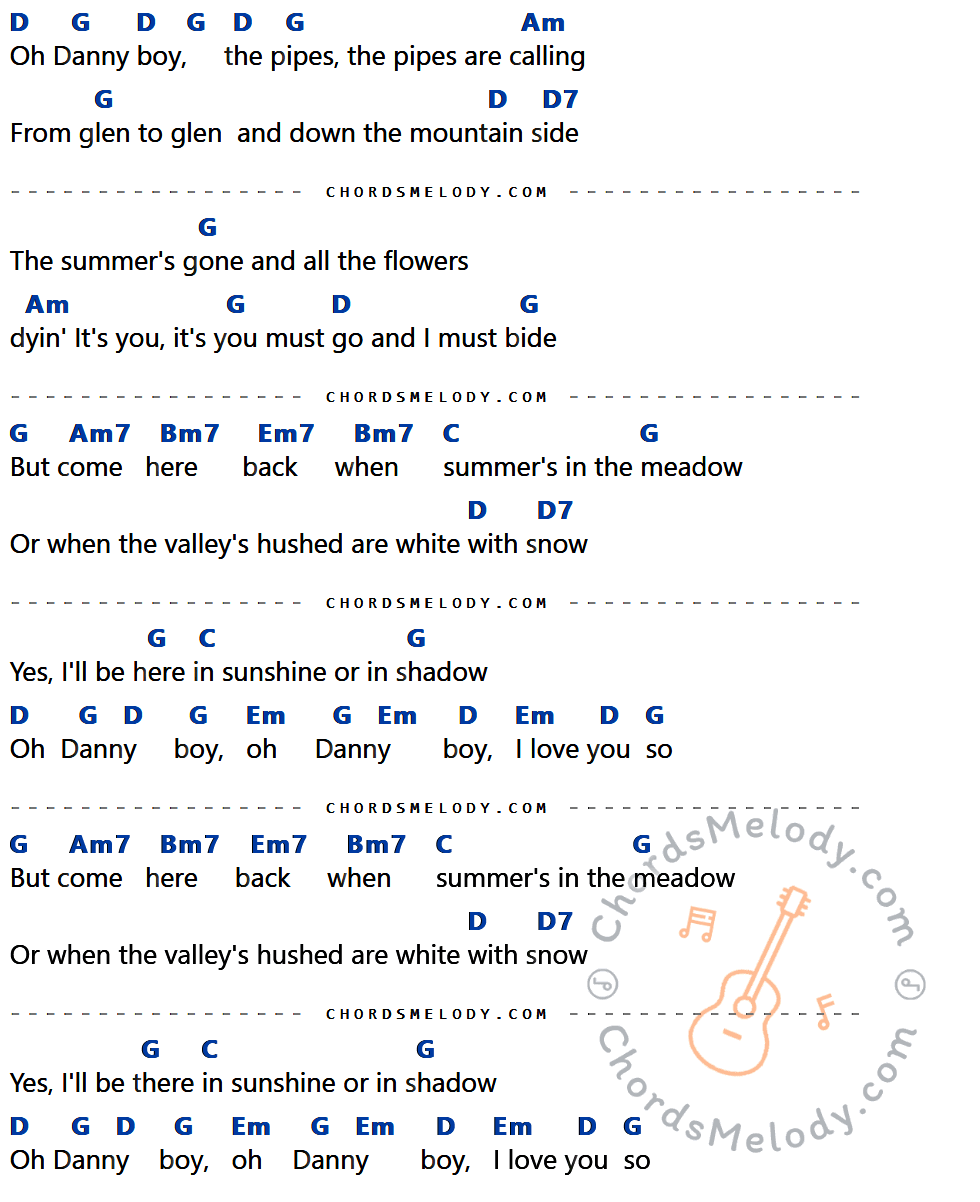 เนื้อเพลง Danny Boy ของ Jim Reeves มีคอร์ดกีต้าร์ ในคีย์ที่ต่างกัน D,G,Am,D7,Am7,Bm7,Em7,C,Em