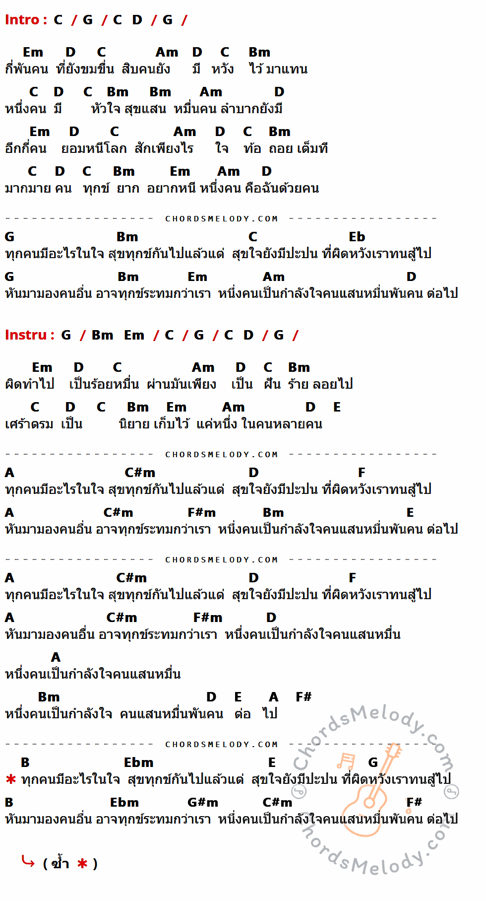 เนื้อเพลง หนึ่งในหลาย ของ อังศนา ช้างเศวต มีคอร์ดกีต้าร์ ในคีย์ที่ต่างกัน C,G,D,Em,Am,Bm,Eb,E,A,C#m,F,F#m,F#,B,Ebm,G#m