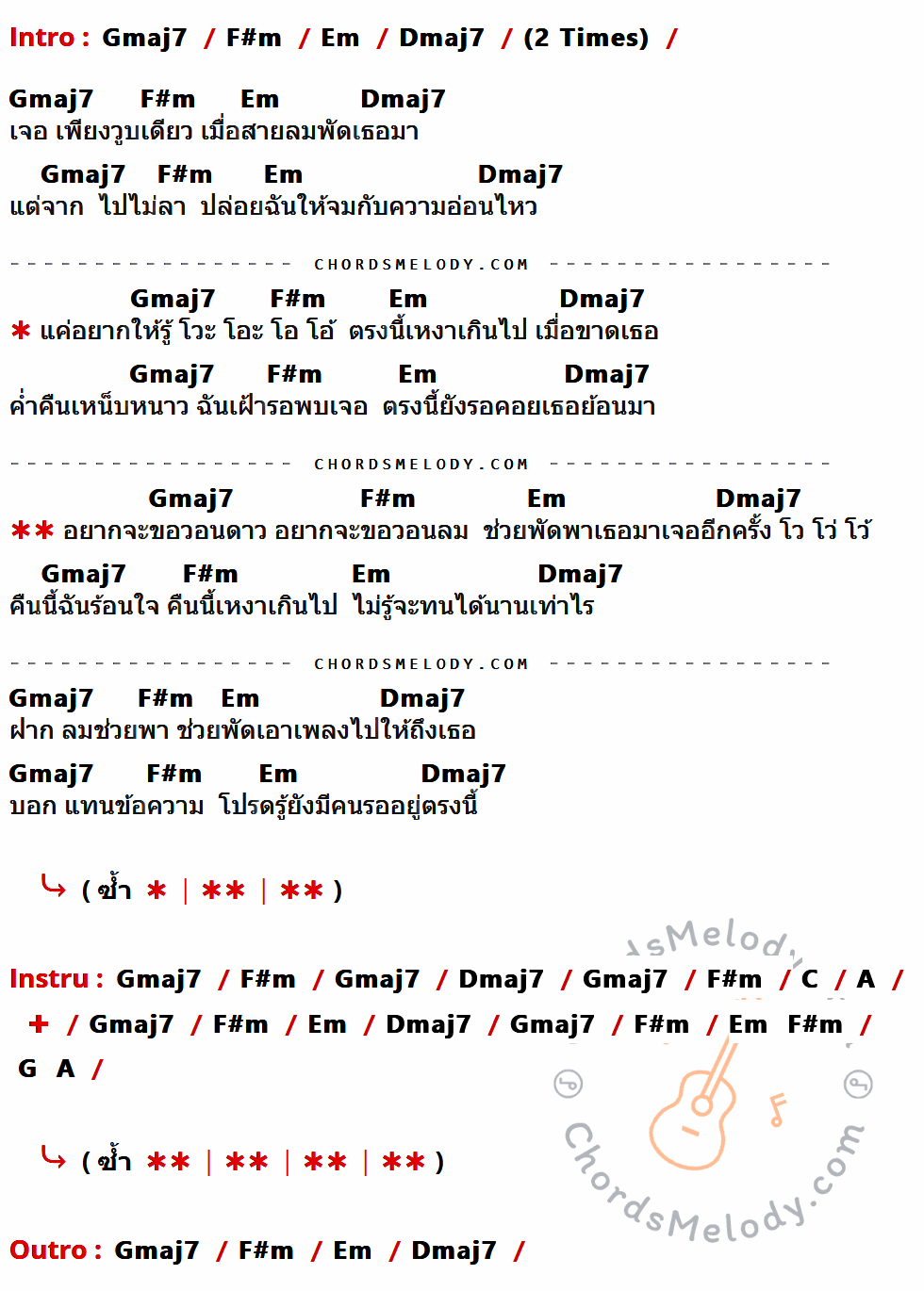 คอร์ดเพลง ธันวาคม - ทันสมัย เนื้อร้อง มีคอร์ดกีต้าร์ ในกลุ่มคีย์ Gmaj7,F#m,Em,Dmaj7,C,A,G กำกับ