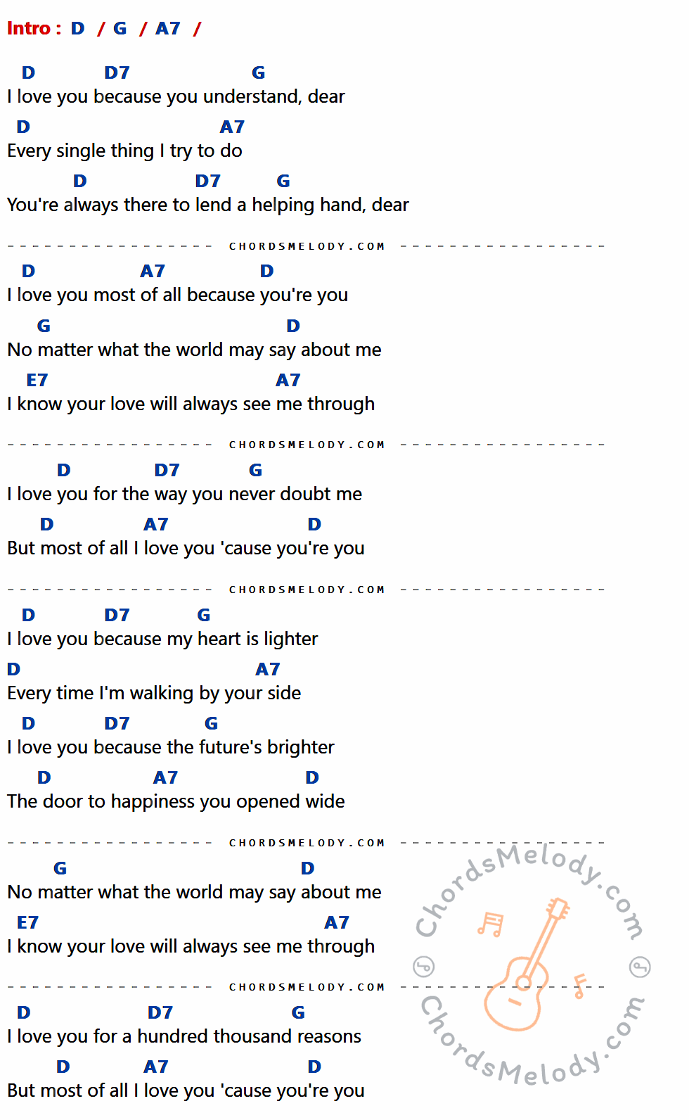 คอร์ดเพลง I Love You Because - Jim Reeves เนื้อร้อง มีคอร์ดกีต้าร์ ในกลุ่มคีย์ D,G,A7,D7,E7 กำกับ