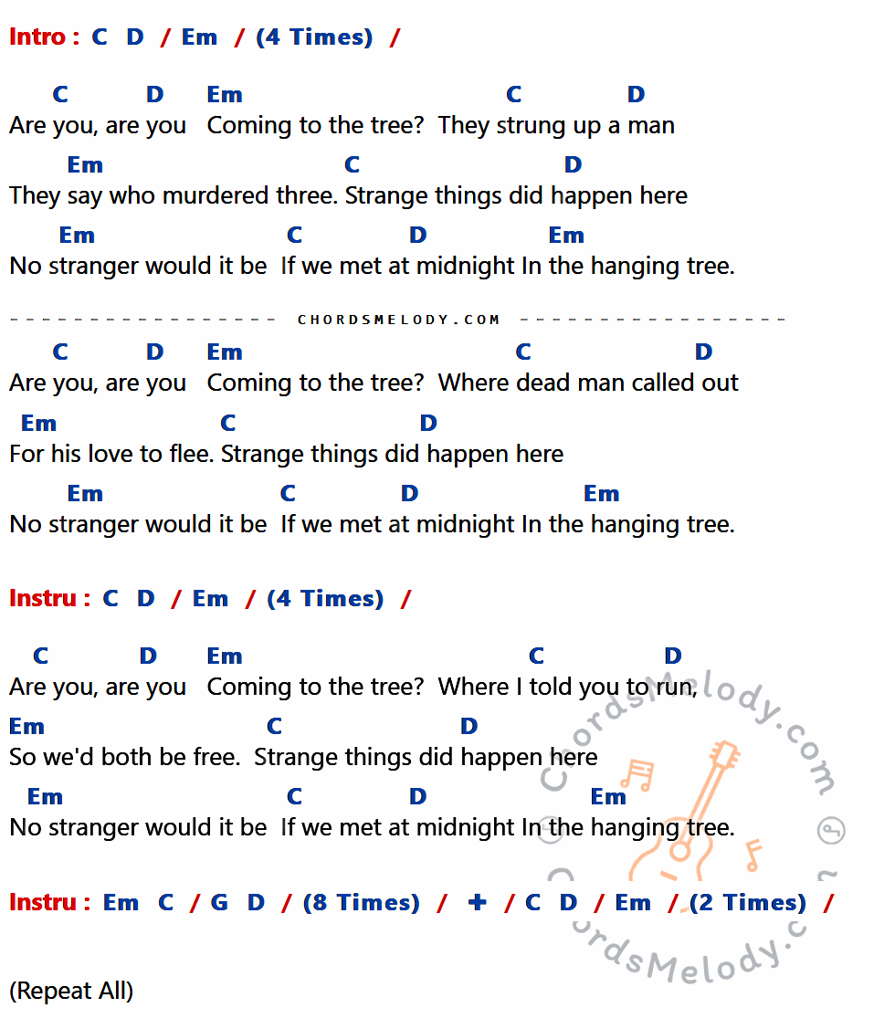 เนื้อเพลง Hanging Tree ของ Jennifer Lowrence Feat.Ashlee Robinson มีคอร์ดกีต้าร์ ในคีย์ที่ต่างกัน C,D,Em,G