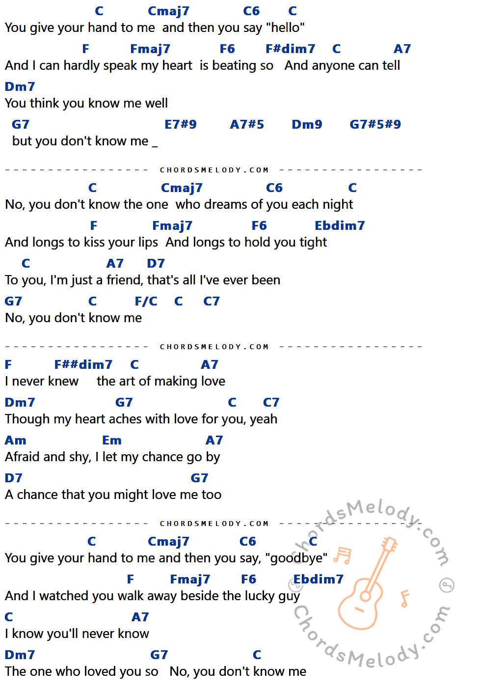 เนื้อเพลง You Don't Know Me ของ Ray Charles มีคอร์ดกีต้าร์ ในคีย์ที่ต่างกัน G,Gmaj7,G6,C,Cmaj7,C6,C#dim7,E7,Am7,D7,B7#9,E7#5,Am9,D7#5#9,Bbdim7,A7,C/G,G7,C##dim7,Em,Bm