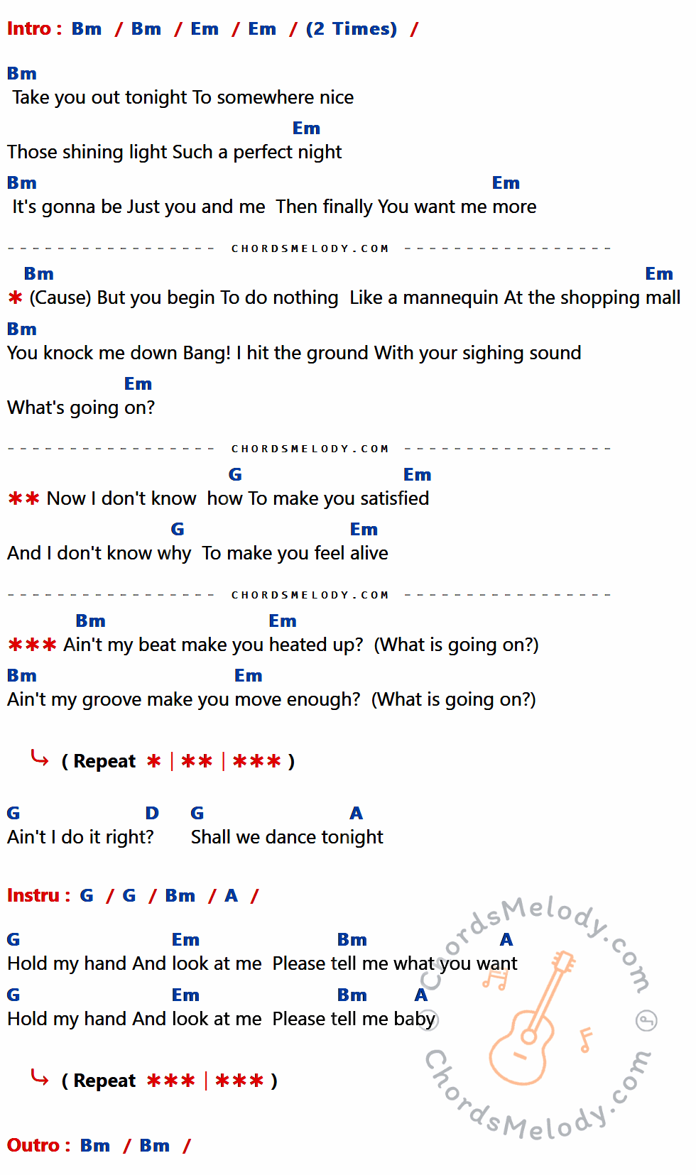 เนื้อเพลง What's going on ของ Tabasco มีคอร์ดกีต้าร์ ในคีย์ที่ต่างกัน Bm,Em,G,D,A