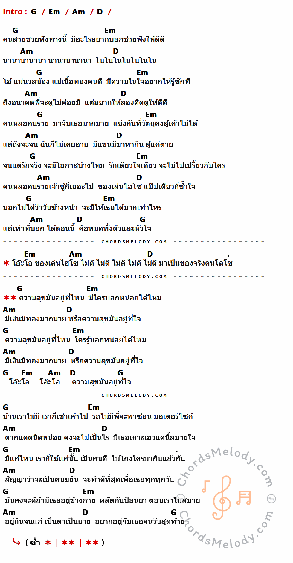 คอร์ดเพลง จ้น จน - Buddha Bless เนื้อร้อง มีคอร์ดกีต้าร์ ในกลุ่มคีย์ G,Em,Am,D กำกับ