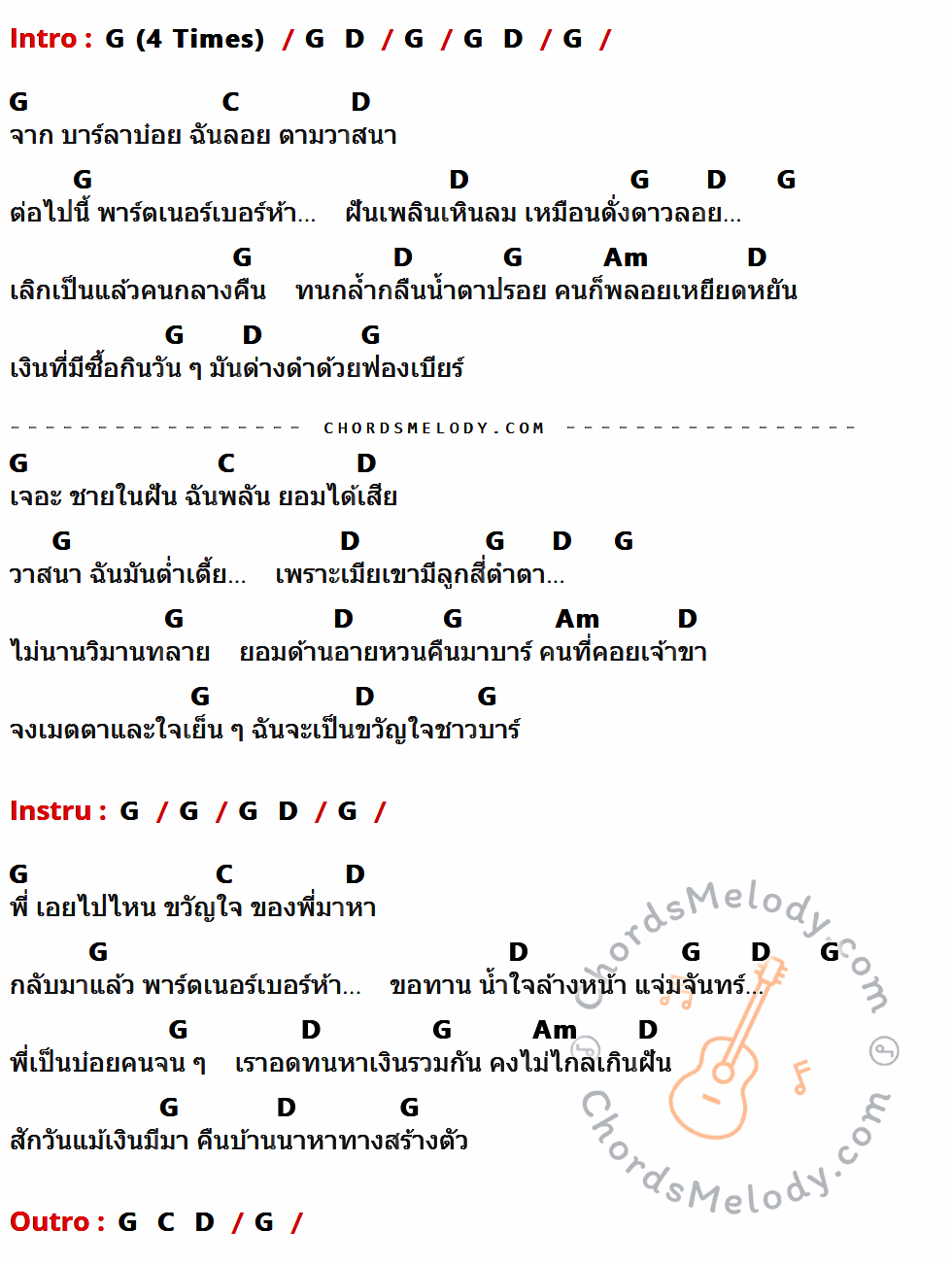 คอร์ดเพลง พาร์ตเนอร์เบอร์ห้า - พุ่มพวง ดวงจันทร์ เนื้อร้อง มีคอร์ดกีต้าร์ ในกลุ่มคีย์ G,C,D,Am กำกับ