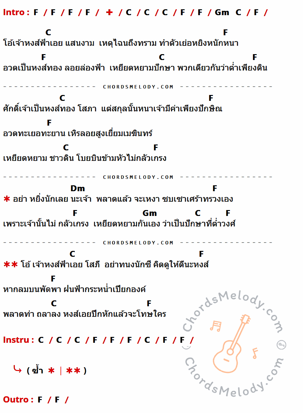 คอร์ดเพลง หงษ์ปีกหัก - สุรพล สมบัติเจริญ เนื้อร้อง มีคอร์ดกีต้าร์ ในกลุ่มคีย์ F,C,Dm,Gm กำกับ