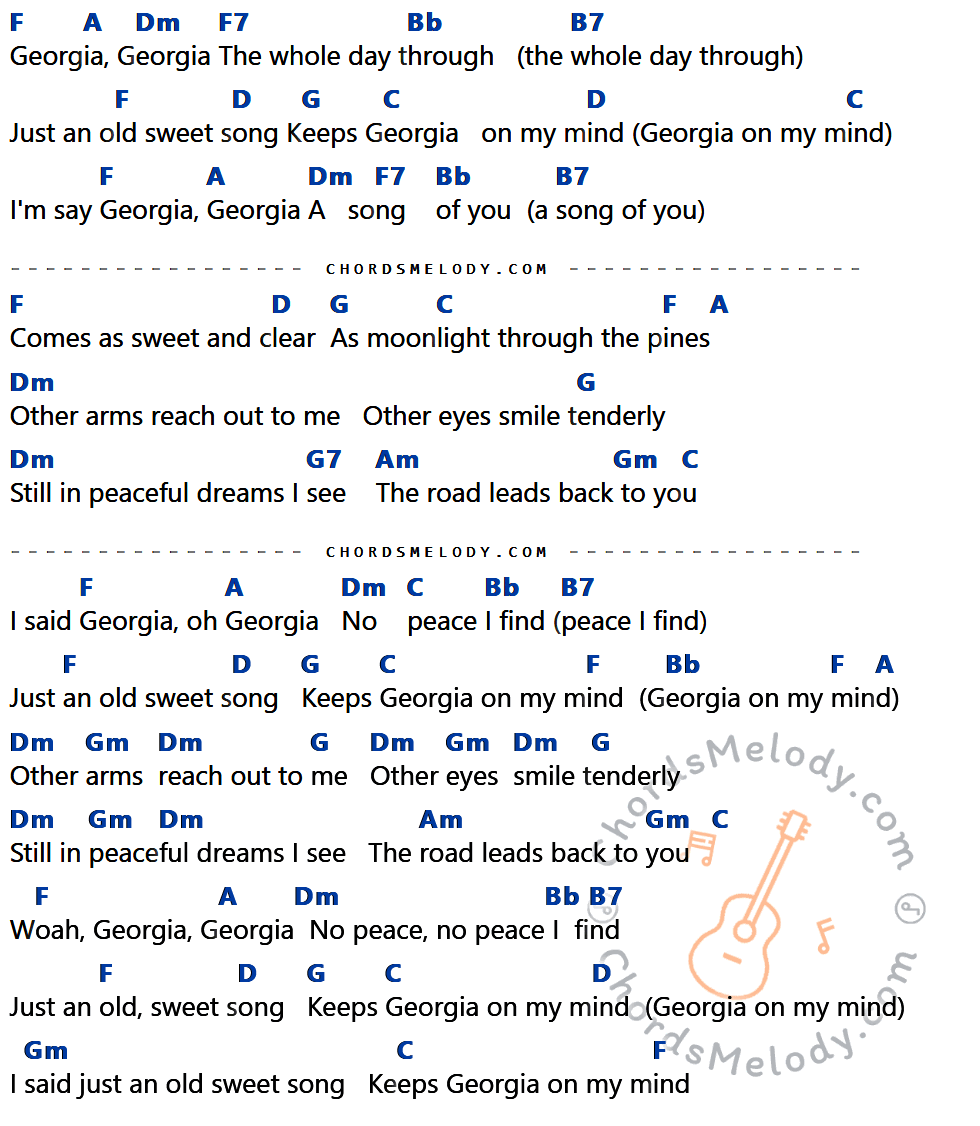 เนื้อเพลง Georgia On My Mind ของ Ray Charles มีคอร์ดกีต้าร์ ในคีย์ที่ต่างกัน C,E,Am,C7,F,F#7,A,D,G,D7,Em,Dm