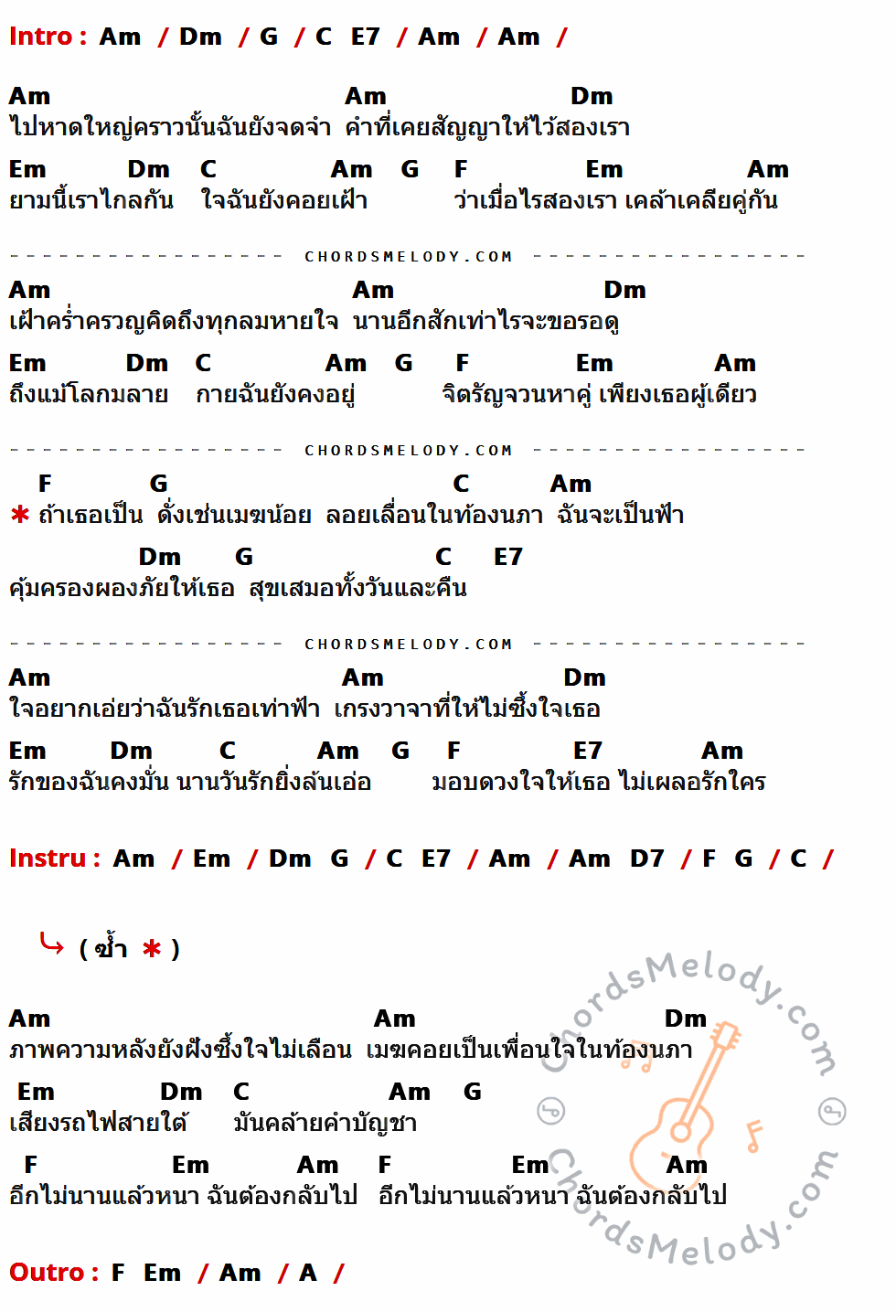 คอร์ดเพลง สัญญาใจ - ต้อม เรนโบว์ เนื้อร้อง มีคอร์ดกีต้าร์ ในกลุ่มคีย์ Am,Dm,G,C,E7,Em,F,D7,A กำกับ