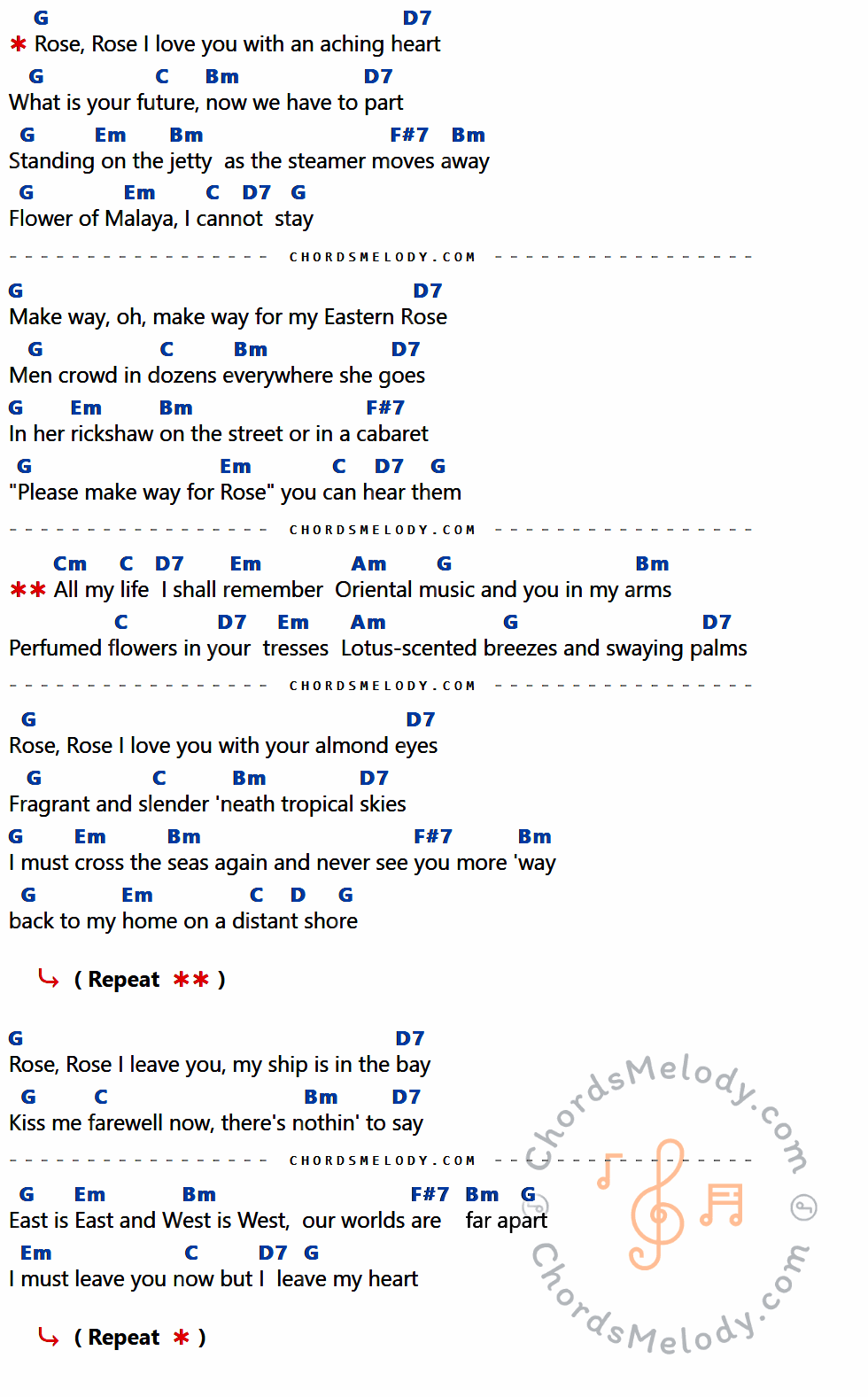 เนื้อเพลง Rose Rose I Love You ของ Frankie Laine มีคอร์ดกีต้าร์ ในคีย์ที่ต่างกัน G,D7,C,Bm,Em,F#7,Cm,Am,D