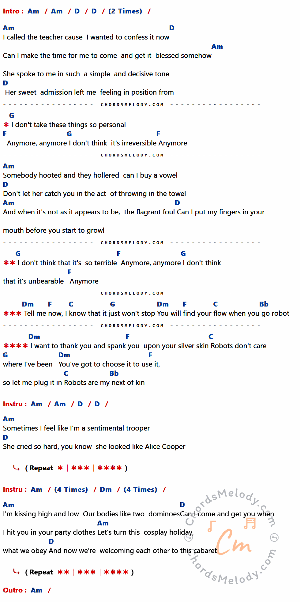 คอร์ดเพลง Go Robot - Red Hot Chili Peppers เนื้อร้อง มีคอร์ดกีต้าร์ ในกลุ่มคีย์ Am,D,G,F,Dm,C,Bb กำกับ