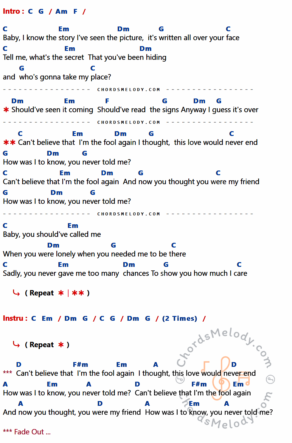 คอร์ดเพลง Fool Again - Westlife เนื้อร้อง มีคอร์ดกีต้าร์ ในกลุ่มคีย์ C,G,Am,F,Em,Dm,D,F#m,A กำกับ