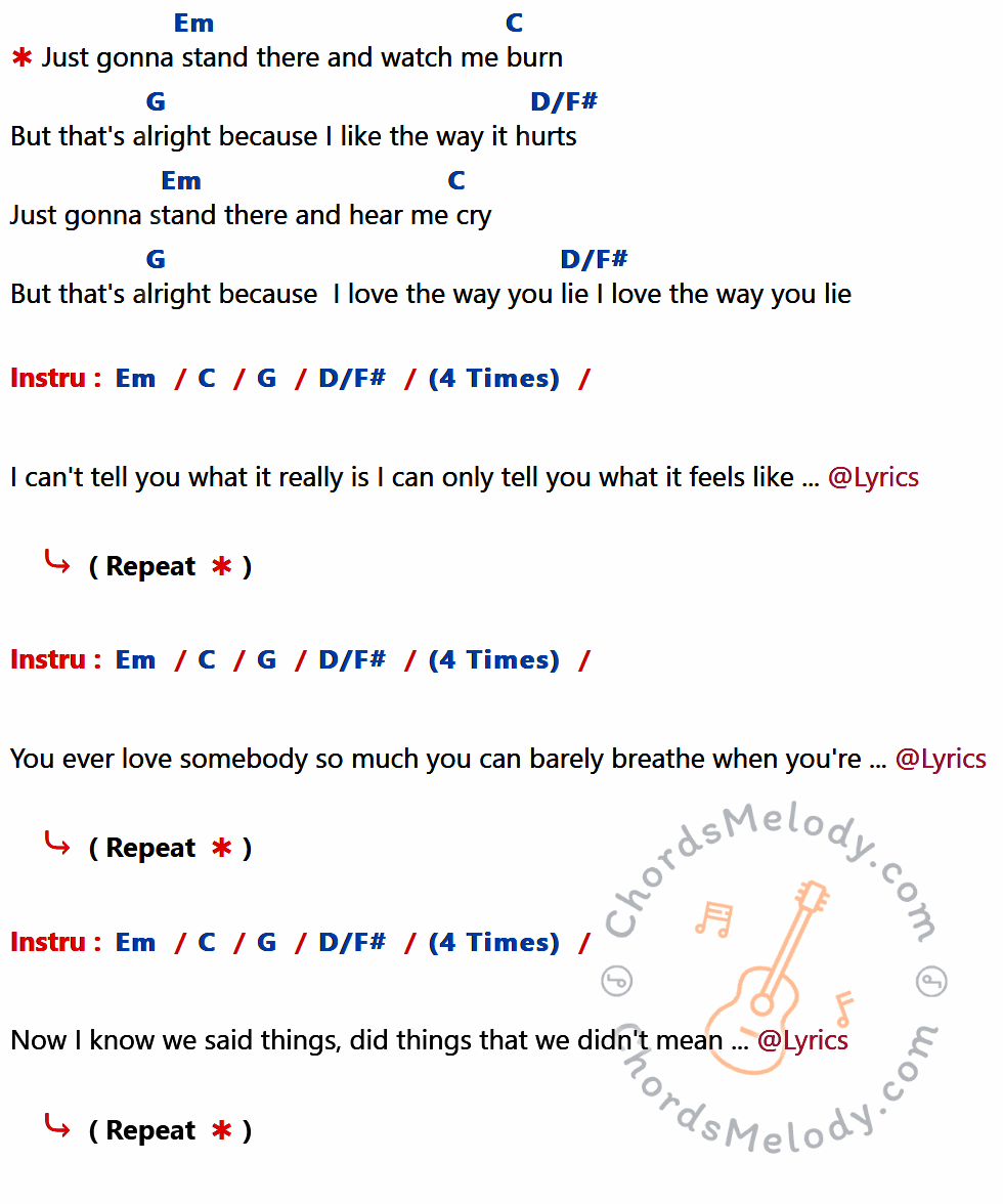 คอร์ดเพลง Love The Way You Lie - Eminem Feat.RIHANNA เนื้อร้อง มีคอร์ดกีต้าร์ ในกลุ่มคีย์ Em,C,G,D/F# กำกับ