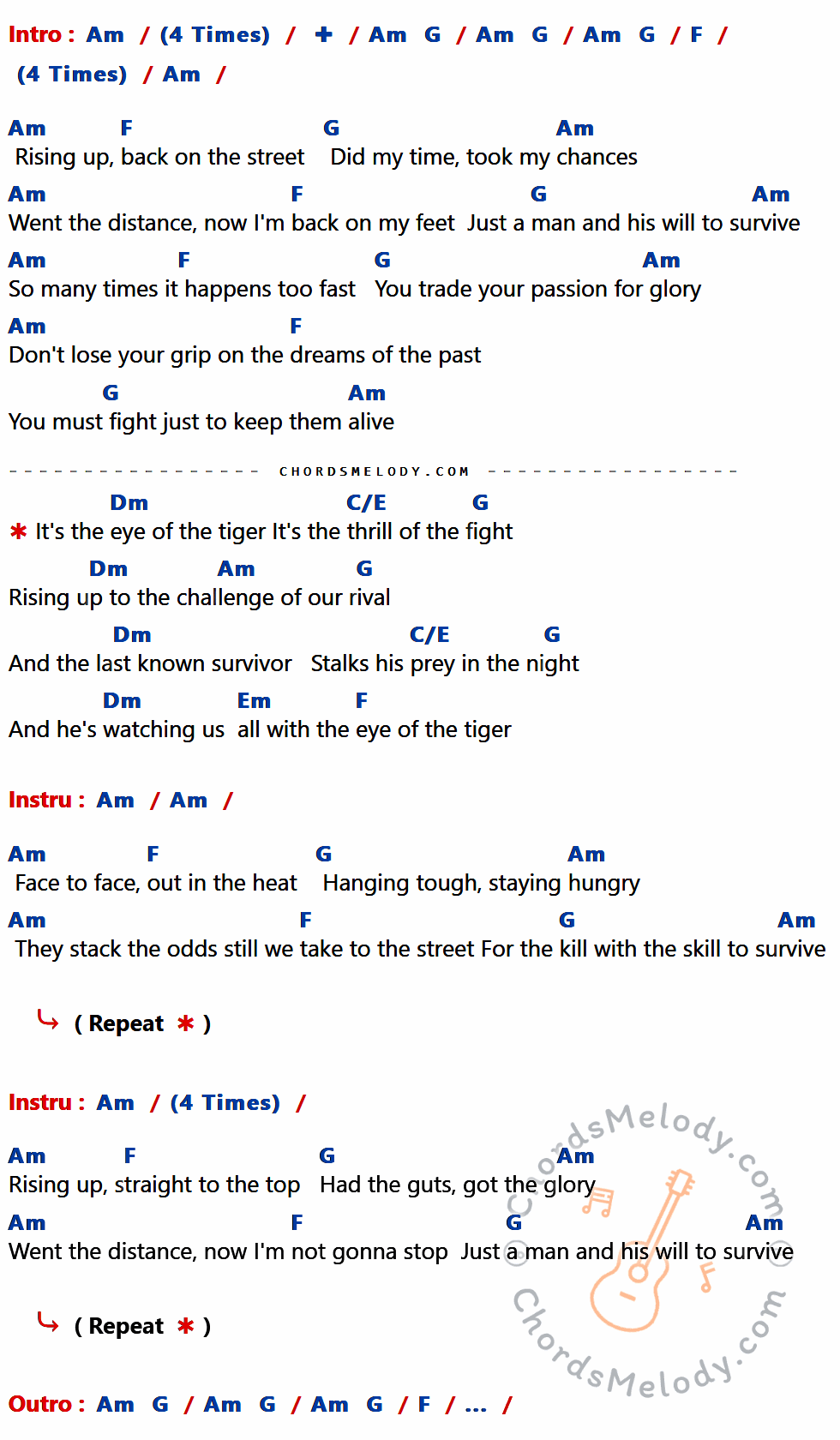 คอร์ดเพลง Eye Of The Tiger - Survivor เนื้อร้อง มีคอร์ดกีต้าร์ ในกลุ่มคีย์ Am,F,G,Dm,C/E,Em กำกับ