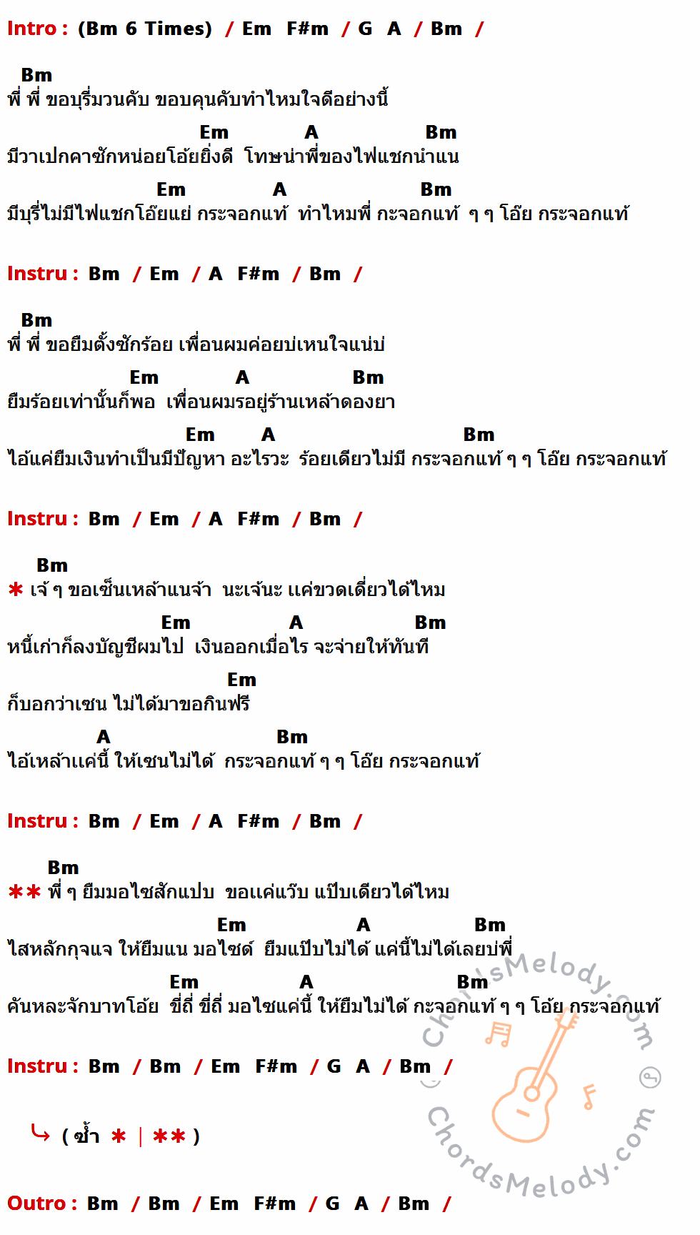 คอร์ดเพลง กระจอกแท้ - ร็อกคงคย เนื้อร้อง มีคอร์ดกีต้าร์ ในกลุ่มคีย์ Bm,Em,A กำกับ