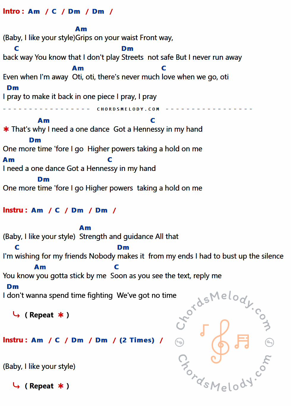 คอร์ดเพลง One Dance - Drake เนื้อร้อง มีคอร์ดกีต้าร์ ในกลุ่มคีย์ Am,C,Dm กำกับ