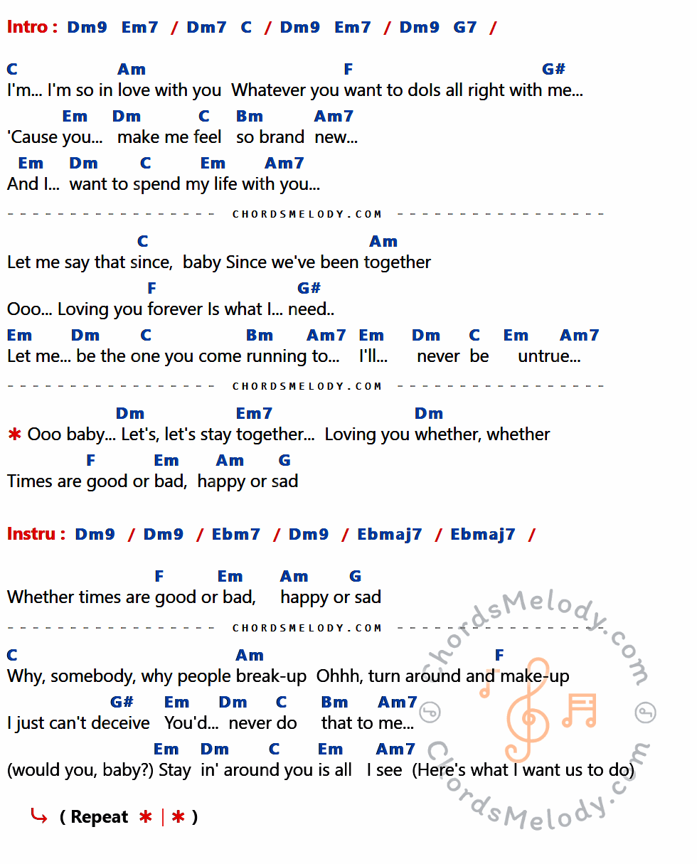 เนื้อเพลง Let's Stay Together ของ AI Green มีคอร์ดกีต้าร์ ในคีย์ที่ต่างกัน Dm9,Em7,Dm7,C,G7,Am,F,G#,Em,Dm,Bm,Am7,G,Ebm7,Ebmaj7