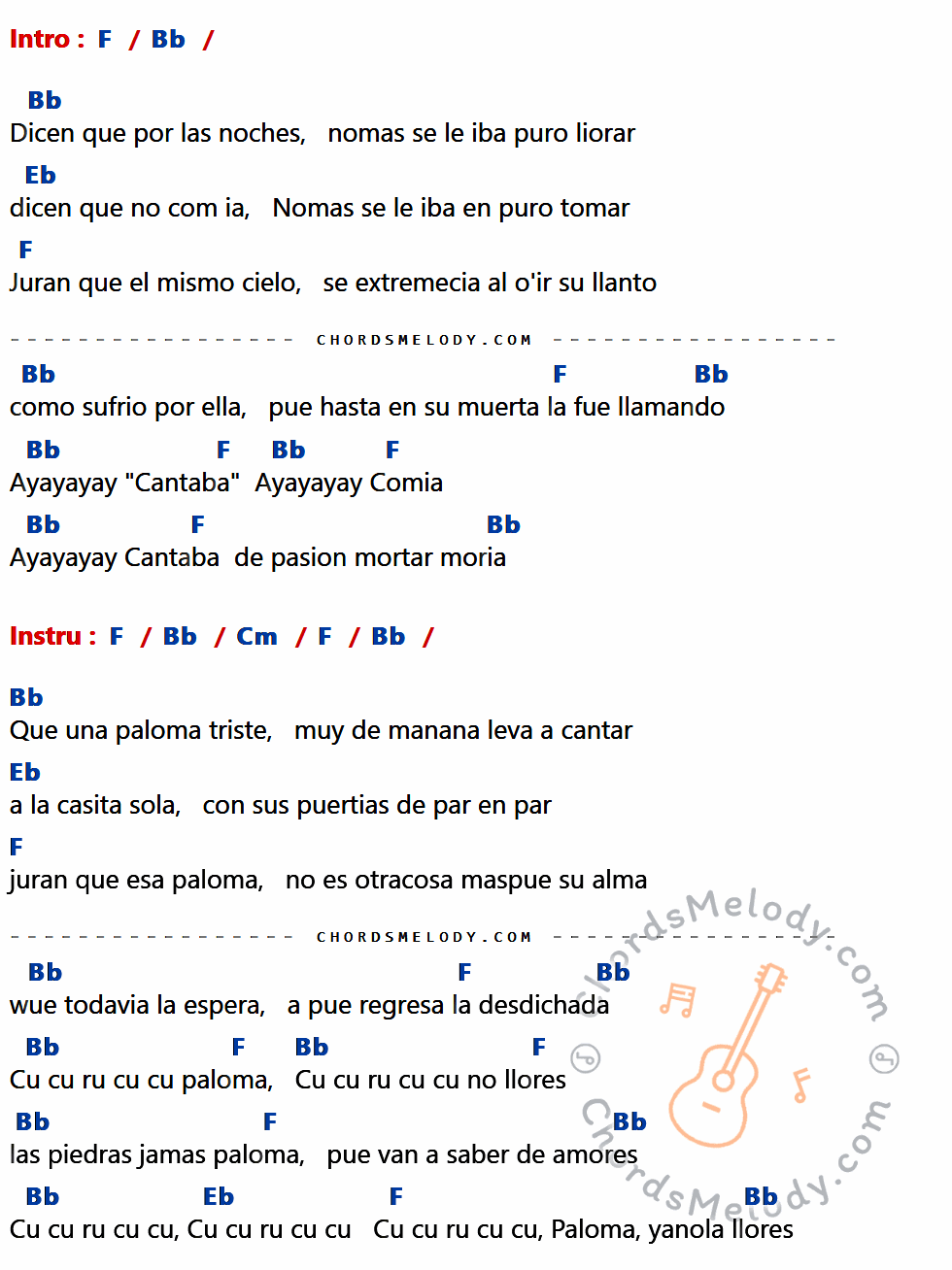 คอร์ดเพลง Cu Cu Ru Cu Cu Paloma - Harry Belafonte เนื้อร้อง มีคอร์ดกีต้าร์ ในกลุ่มคีย์ F,Bb,Eb,Cm กำกับ