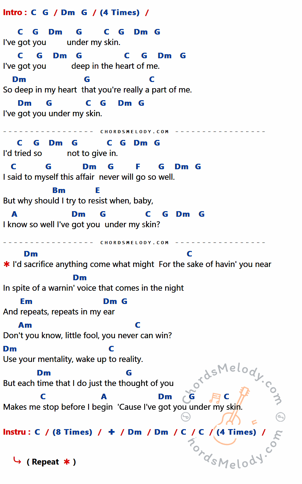 เนื้อเพลง I've got you under my skin ของ FRANK SINATRA มีคอร์ดกีต้าร์ ในคีย์ที่ต่างกัน C,G,Dm,F,Bm,E,A,Em,Am