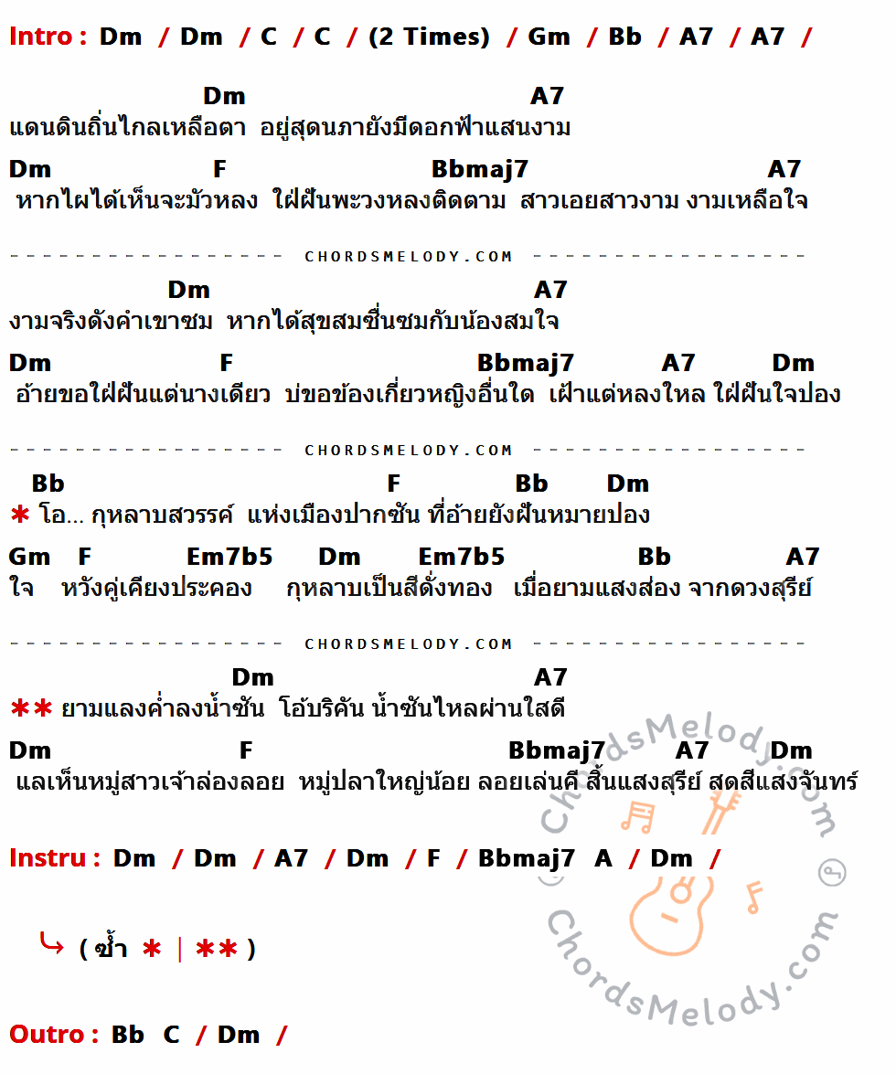 คอร์ดเพลง กุหลาบปากซัน - คาราบาว เนื้อร้อง มีคอร์ดกีต้าร์ ในกลุ่มคีย์ Dm,C,Gm,Bb,A7,F,Bbmaj7,Em7b5 กำกับ