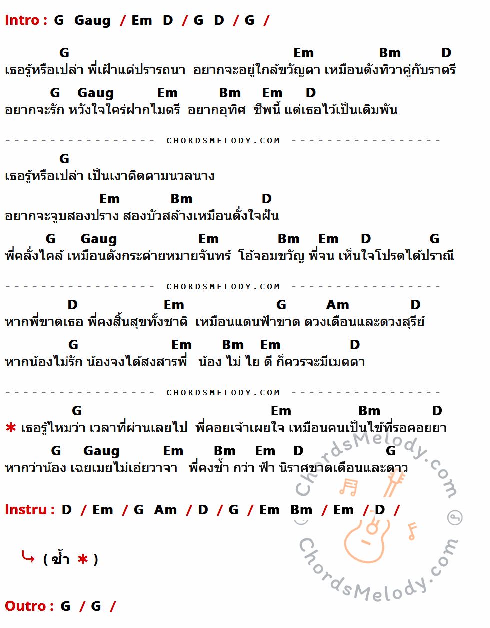 เนื้อเพลง เธอรู้หรือเปล่า ของ ทูล ทองใจ มีคอร์ดกีต้าร์ ในคีย์ที่ต่างกัน G,Em,Bm,D,Gaug,Am