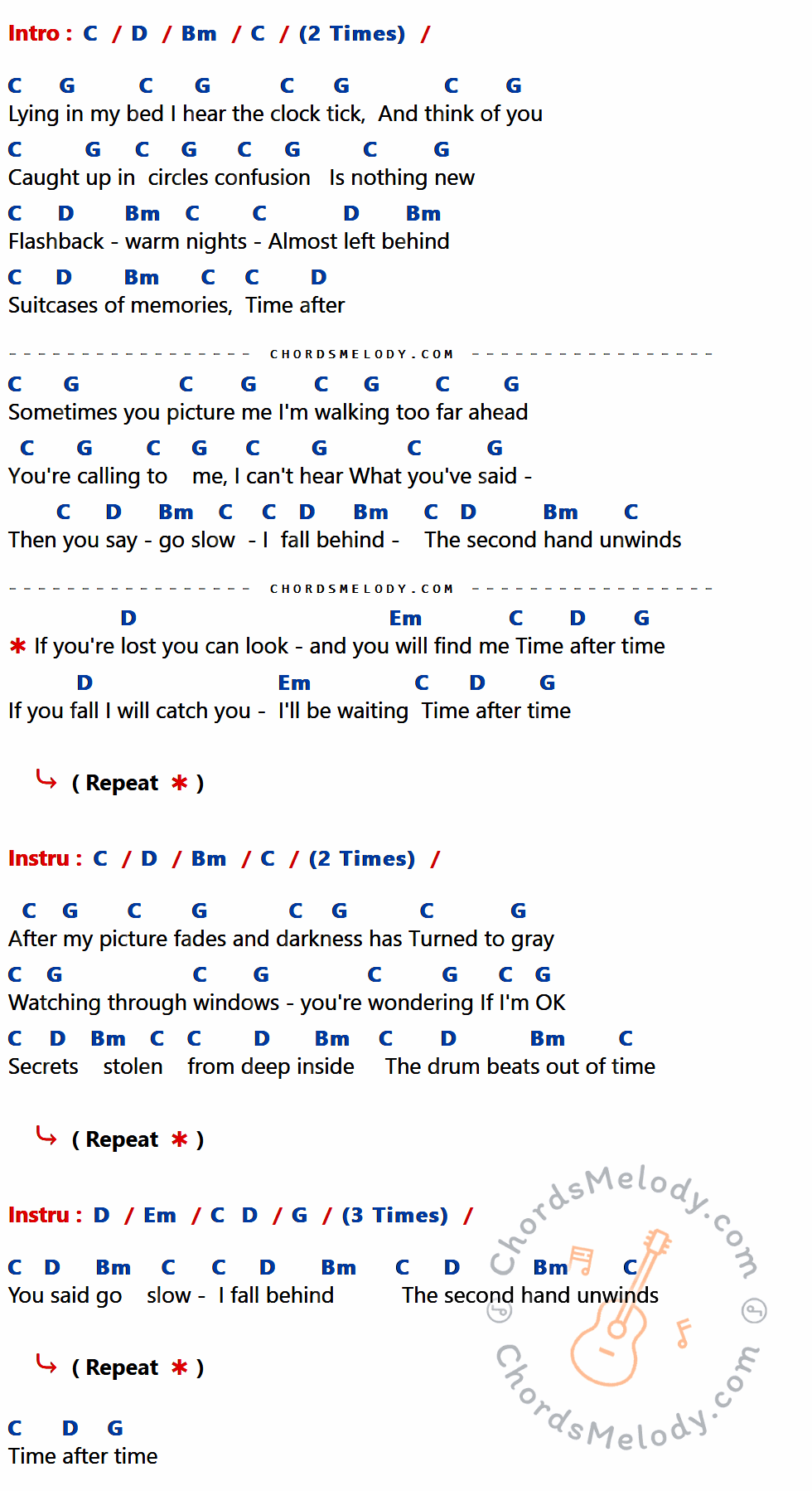 คอร์ดเพลง Time After Time - Cyndi Lauper เนื้อร้อง มีคอร์ดกีต้าร์ ในกลุ่มคีย์ C,D,Bm,G,Em กำกับ