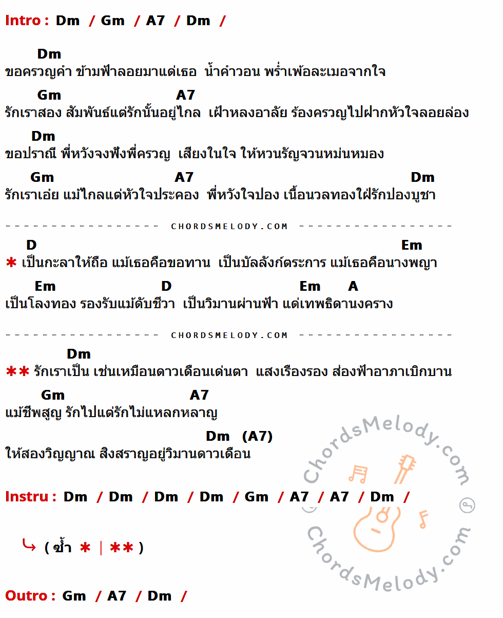 เนื้อเพลง คู่ทาษ ของ คีรีบูน มีคอร์ดกีต้าร์ ในคีย์ที่ต่างกัน Am,Dm,E7,A,Bm,E