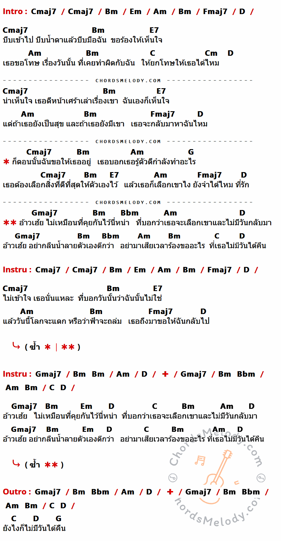 เนื้อเพลง อ้าว ของ อะตอม ชนกันต์ มีคอร์ดกีต้าร์ ในคีย์ที่ต่างกัน Cmaj7,Bm,Em,Am,Fmaj7,D,E7,C,Cm,G,Gmaj7,Bbm