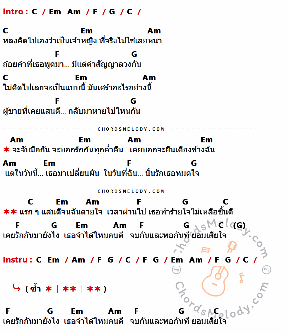 เนื้อเพลง ทำร้ายใจ ของ น้องเจนนี่ ที่มีคอร์ดกีต้าร์ C,Em,Am,F,G