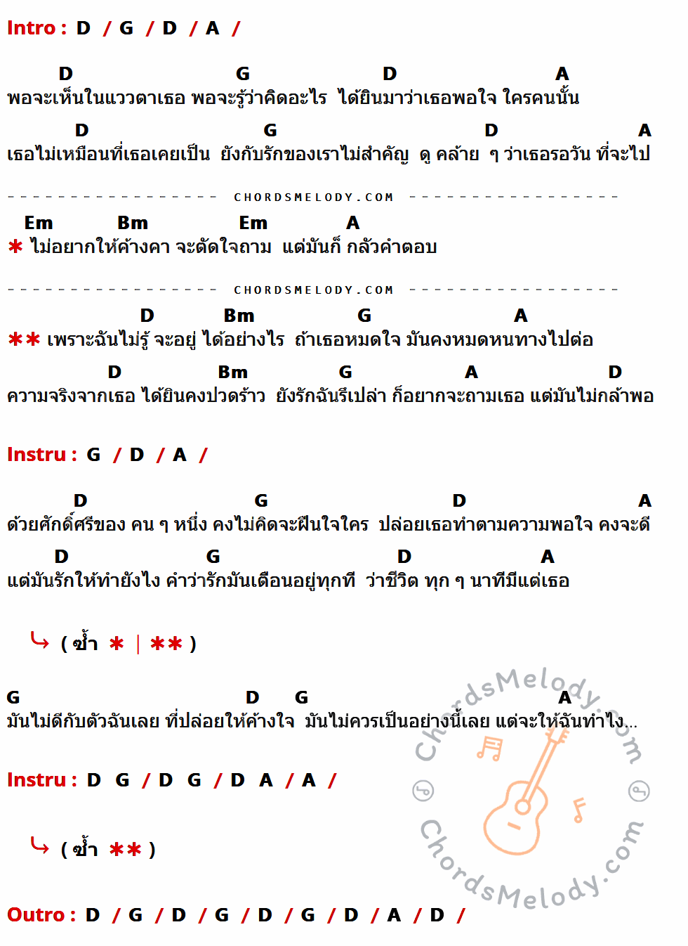 เนื้อเพลง ไม่กล้าพอ ของ Labanoon ที่มีคอร์ดกีต้าร์ D,G,A,Em,Bm