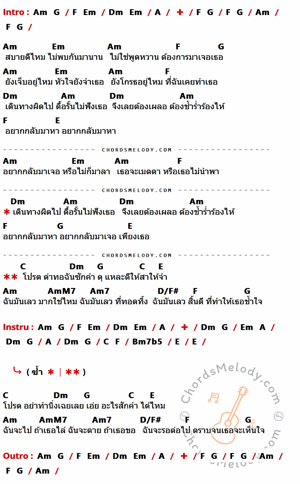 เนื้อเพลง ฉันมันเลว ของ ตั๊ก ศิริพร ที่มีคอร์ดกีต้าร์ Am,G,F,Em,Dm,A,E,C,AmM7,Am7,D/F#,Bm7b5