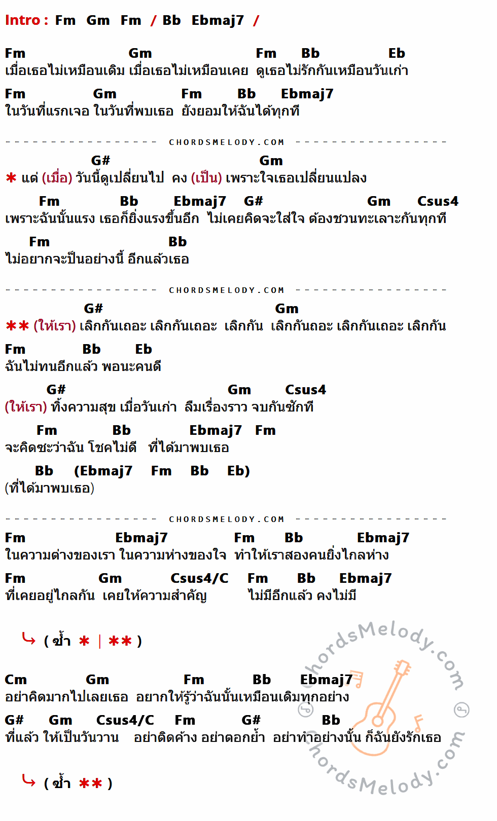 เนื้อเพลง เลิกกันเถอะ ของ เจี๊ยบ สุจินดา ที่มีคอร์ดกีต้าร์ Fm,Gm,Bb,Ebmaj7,Eb,G#,Csus4,Csus4/C,Cm