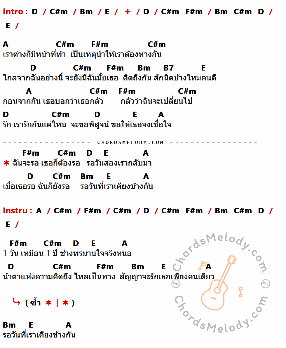 เนื้อเพลง ฉันจะรอเธอก็ต้องรอ ของ Keesamus ที่มีคอร์ดกีต้าร์ D,C#m,Bm,E,F#m,A,B7