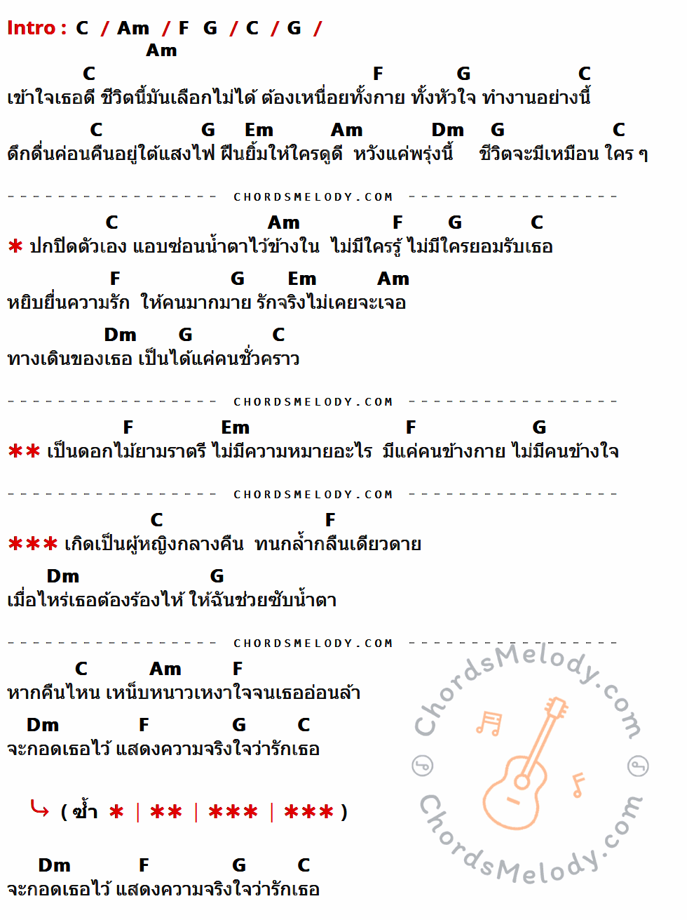 เนื้อเพลง ผู้หญิงกลางคืน ของ กฤ-ติน ที่มีคอร์ดกีต้าร์ C,Am,F,G,Am,Em,Dm