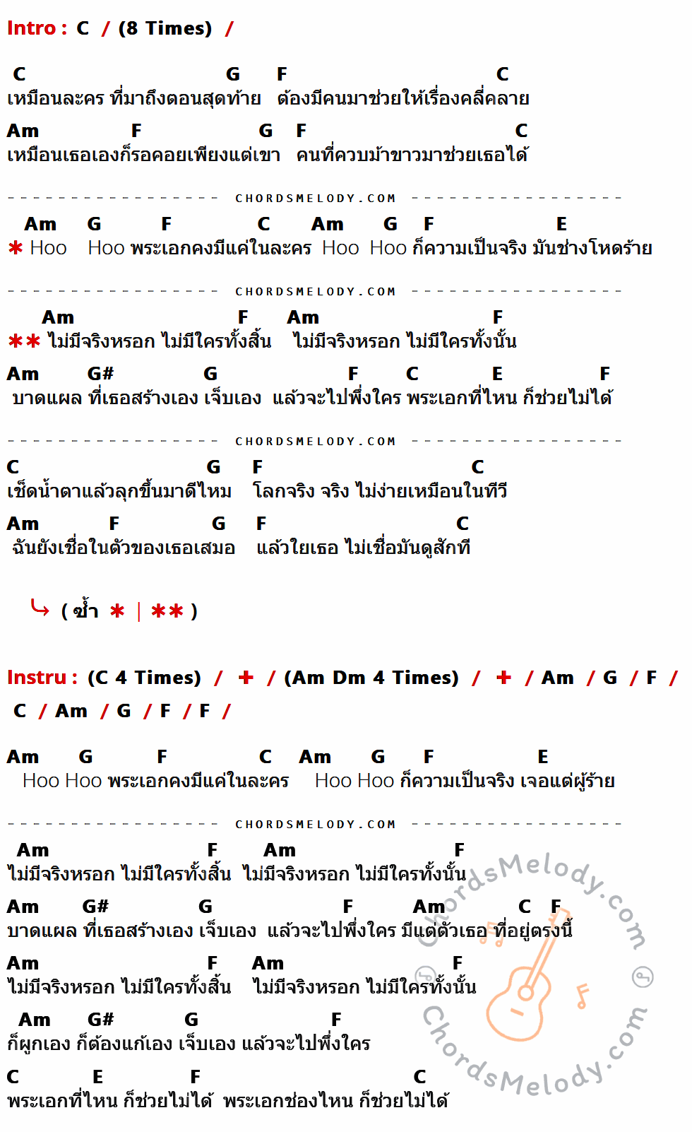 คอร์ดเพลง No Hero - Big Ass เนื้อร้อง มีคอร์ดกีต้าร์ ในกลุ่มคีย์ C,G,F,Am,E,G# กำกับ
