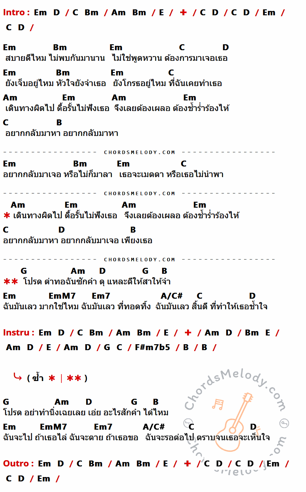 คอร์ดเพลง ฉันมันเลว - ตั๊ก ศิริพร เนื้อร้อง มีคอร์ดกีต้าร์ ในกลุ่มคีย์ Em,D,C,Bm,Am,E,B,G,EmM7,Em7,A/C#,F#m7b5 กำกับ
