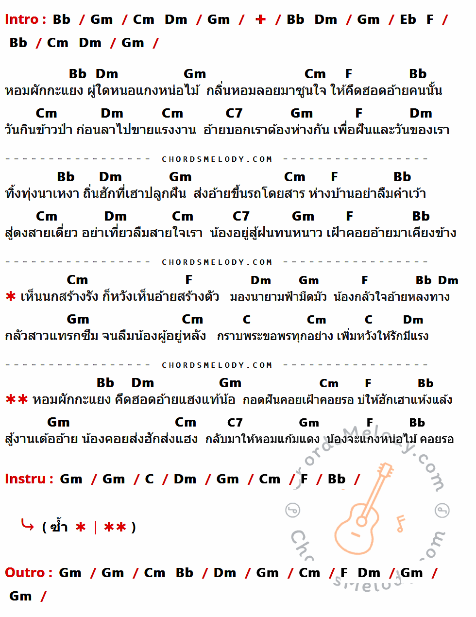 คอร์ดเพลง ส่งฮักส่งแฮง - นิ้วก้อย กรรณิการ์ เนื้อร้อง มีคอร์ดกีต้าร์ ในกลุ่มคีย์ Bb,Gm,Dm,Cm,F,C7,C กำกับ