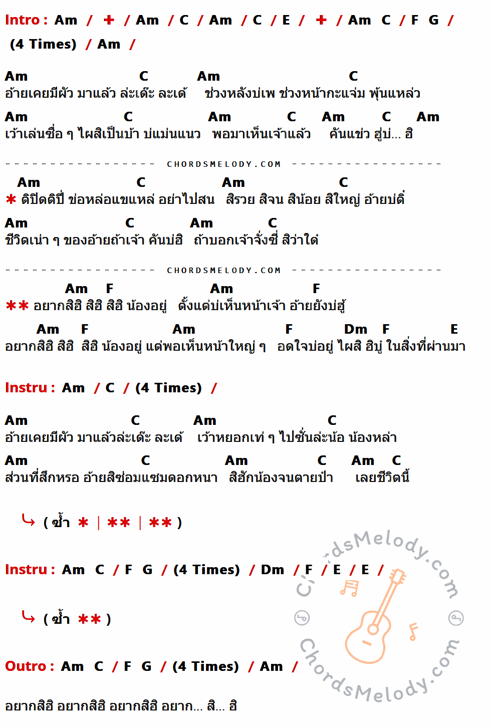 คอร์ดเพลง สิฮิน้องอยู่ - ไนท์ คนบ้านนา เนื้อร้อง มีคอร์ดกีต้าร์ ในกลุ่มคีย์ Am,C,E,F,Dm กำกับ