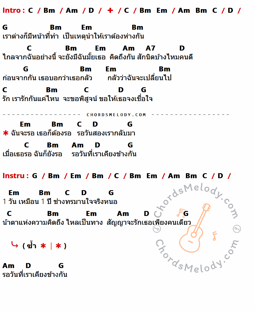 เนื้อเพลง ฉันจะรอเธอก็ต้องรอ ของ Keesamus มีคอร์ดกีต้าร์ ในคีย์ที่ต่างกัน C,Bm,Am,D,Em,G,A7