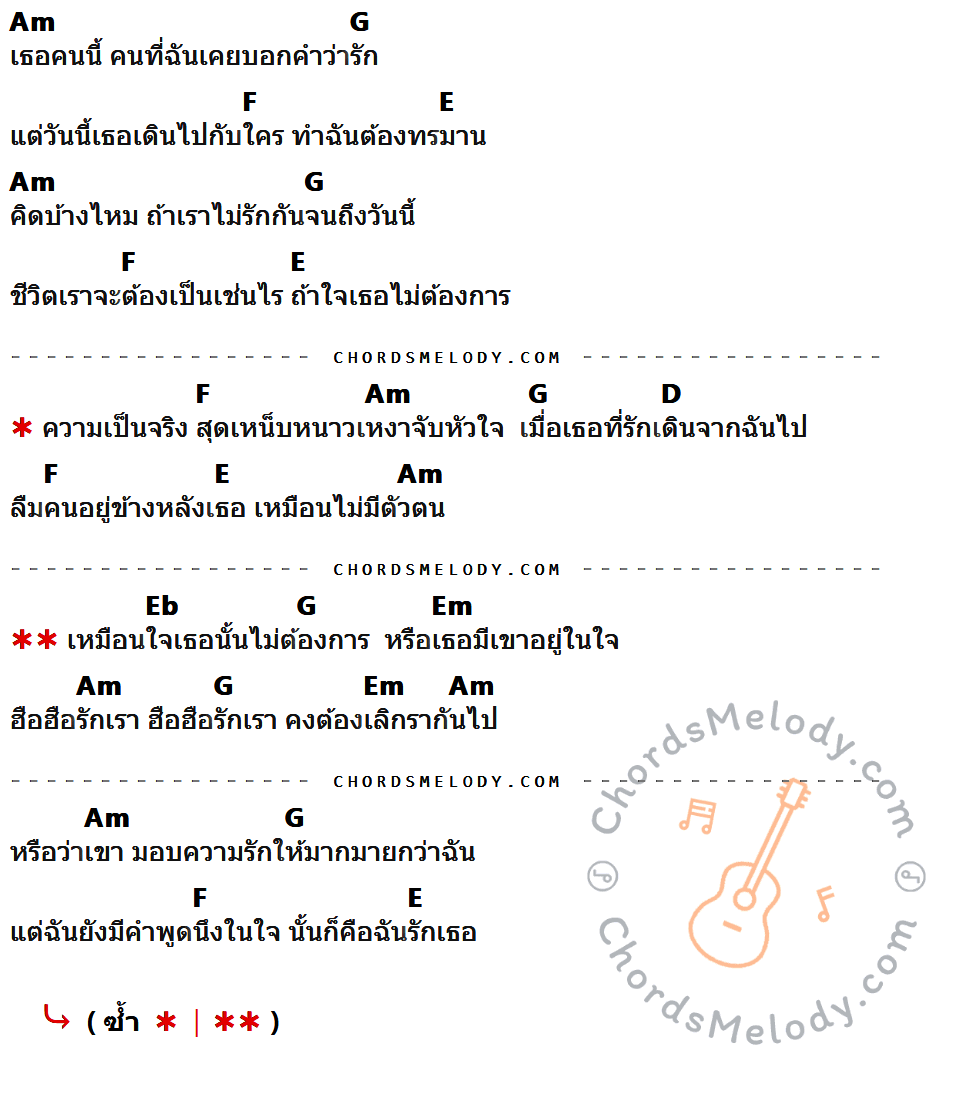 คอร์ดเพลง เหมือนเธอไม่ต้องการ - Dragons s Buccaneer เนื้อร้อง มีคอร์ดกีต้าร์ ในกลุ่มคีย์ Am,G,F,E,D,Eb,Em กำกับ