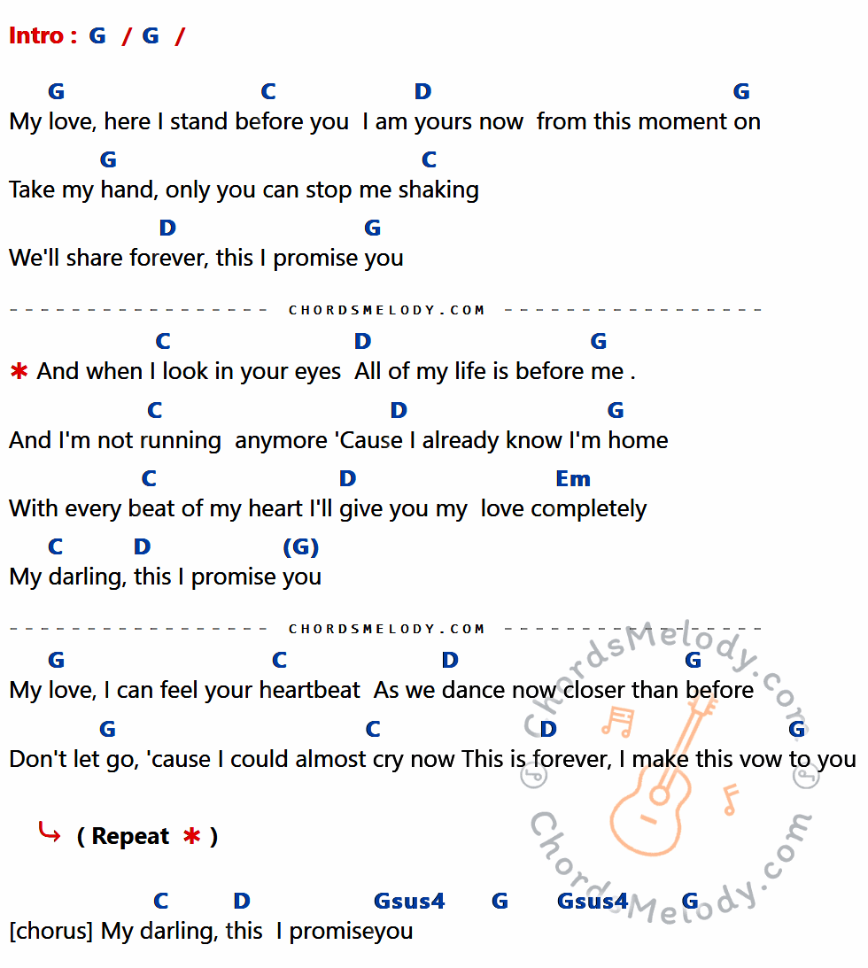 เนื้อเพลง This I Promise You ของ Ronan Keating มีคอร์ดกีต้าร์ ในคีย์ที่ต่างกัน G,C,D,Em,Gsus4