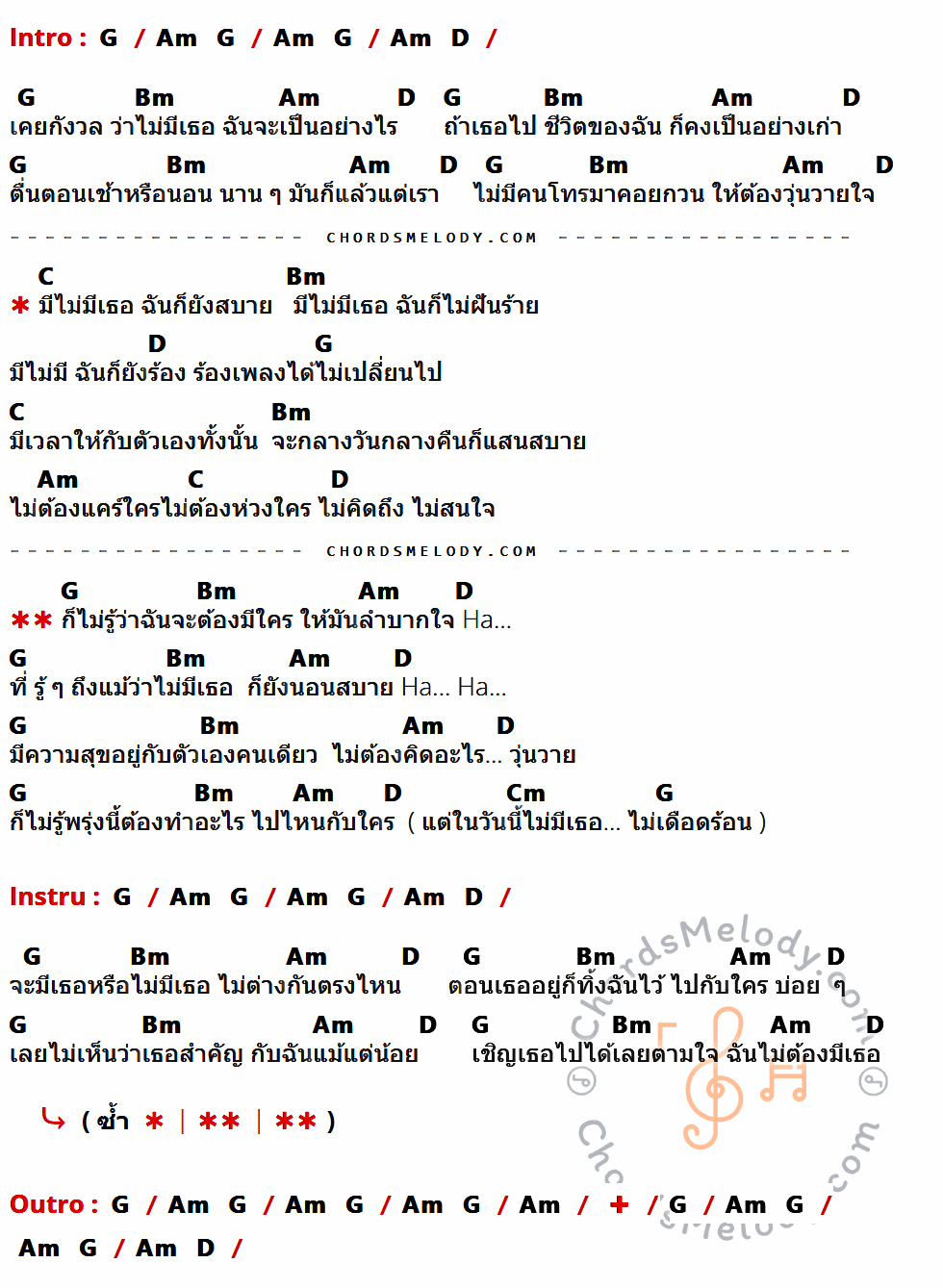 เนื้อเพลง ไม่เดือดร้อน ของ แคลรีน มีคอร์ดกีต้าร์ ในคีย์ที่ต่างกัน G,Am,D,Bm,C,Cm