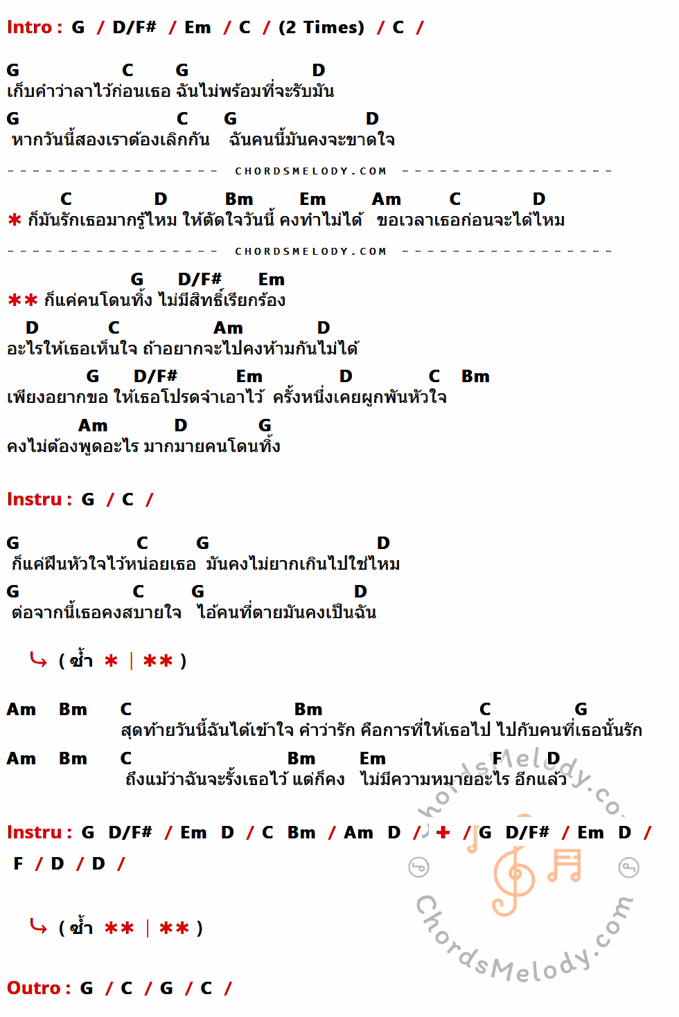 เนื้อเพลง คนโดนทิ้ง ของ โก้ โคล่า มีคอร์ดกีต้าร์ ในคีย์ที่ต่างกัน G,D/F#,Em,C,D,Bm,Am,F