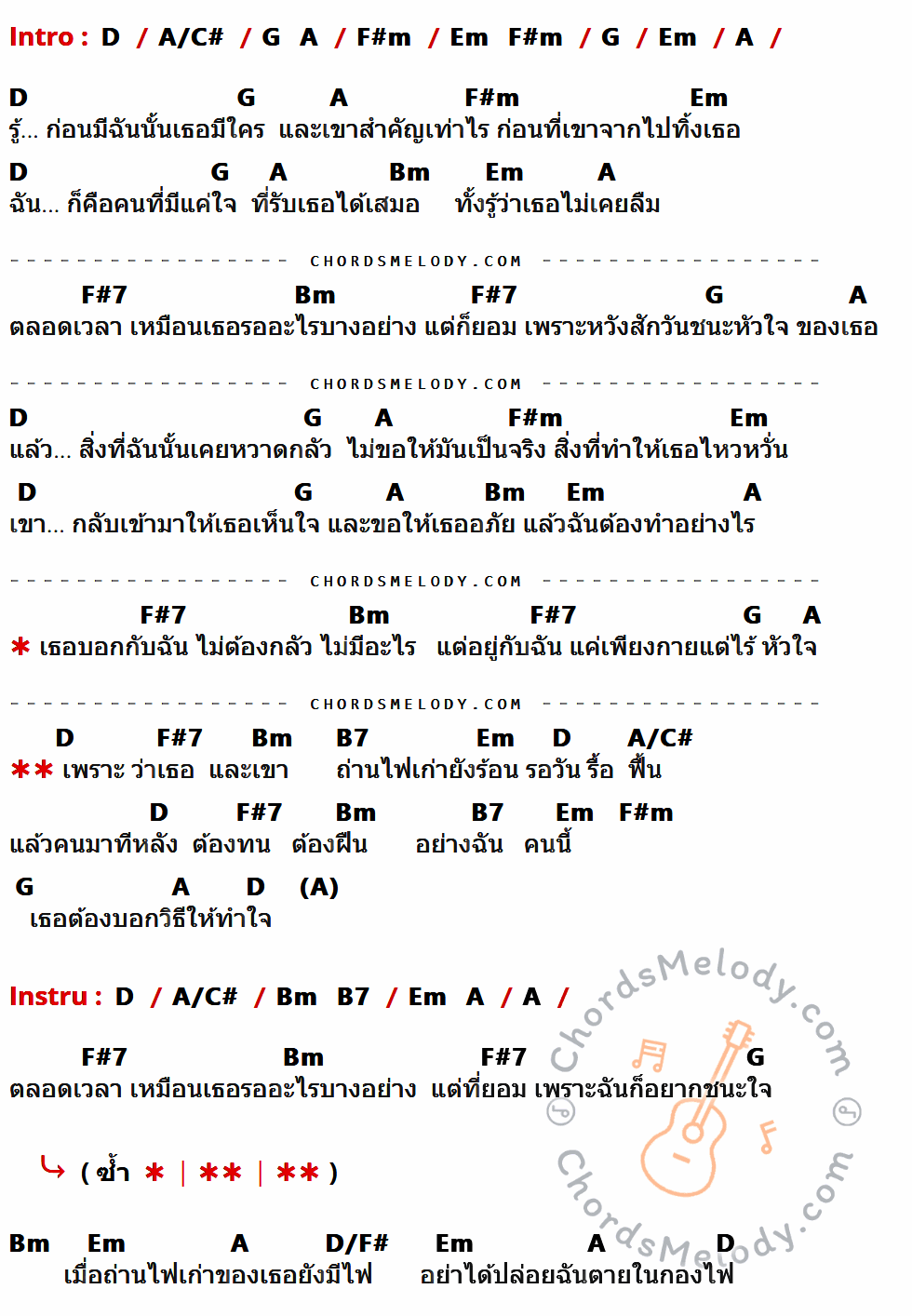 เนื้อเพลง ถ่านไฟเก่า ของ ปนัดดา เรืองวุฒิ ที่มีคอร์ด ในกลุ่มคีย์ D,A/C#,G,A,F#m,Em,Bm,F#7,B7,D/F# ประกอบ