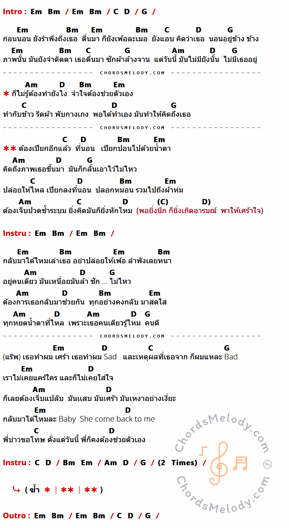 เนื้อเพลง ช่วยตัวเอง ของ วงกลม ที่มีคอร์ดกีต้าร์ Em,Bm,C,D,G,Am