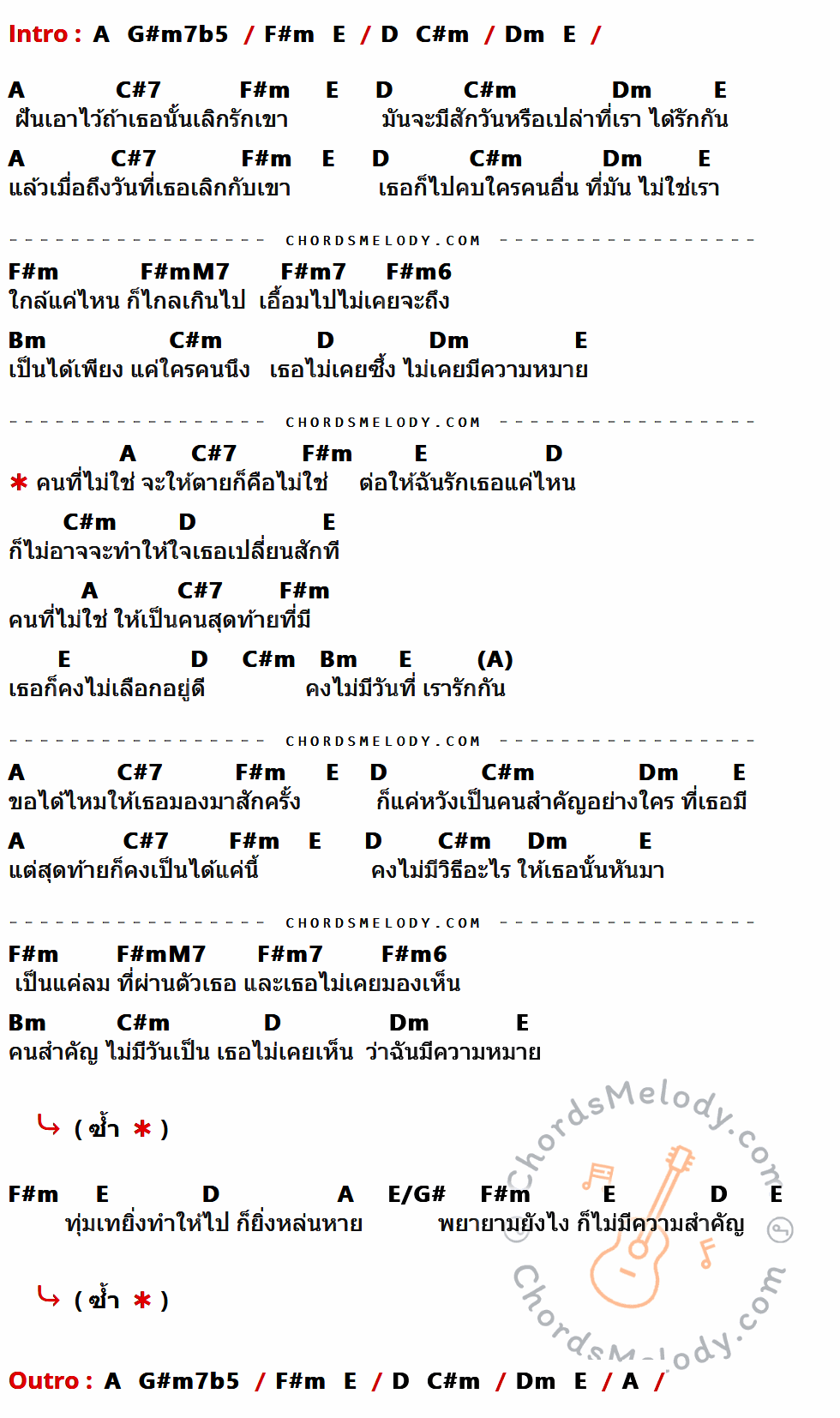 เนื้อเพลง คนที่ไม่ใช่ ของ เมญ่า นนธวรรณ ที่มีคอร์ด ในกลุ่มคีย์ A,G#m7b5,F#m,E,D,C#m,Dm,C#7,F#mM7,F#m7,F#m6,Bm,E/G# ประกอบ