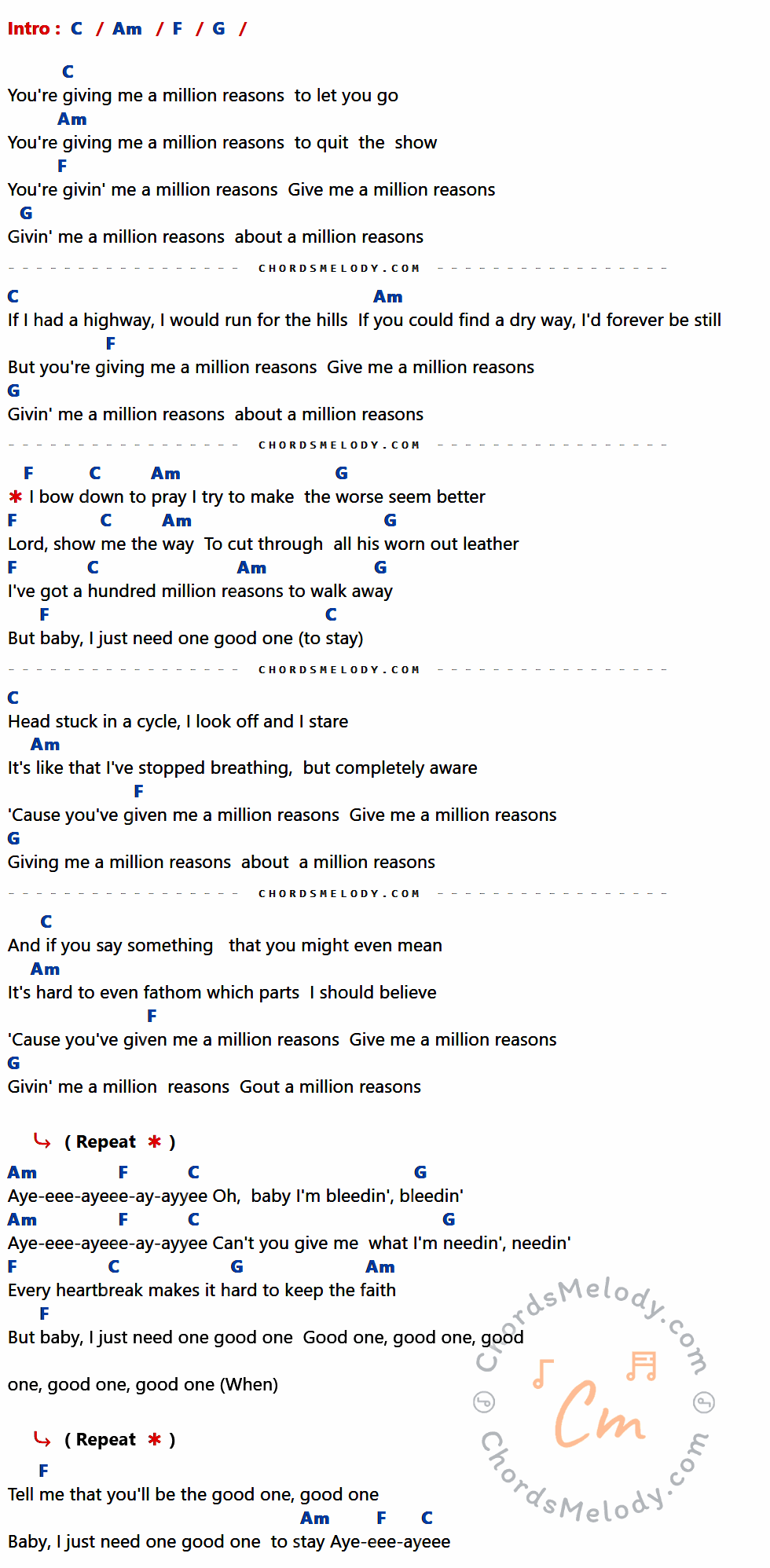 เนื้อเพลง Million Reasons ของ Lady Gaga ที่มีคอร์ด ในกลุ่มคีย์ C,Am,F,G ประกอบ