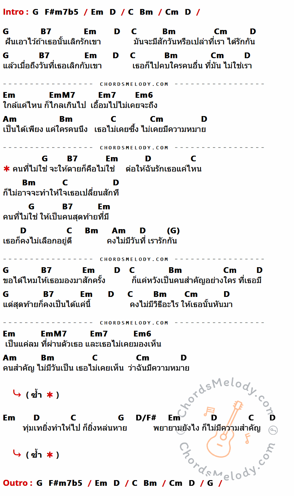 คอร์ดเพลง คนที่ไม่ใช่ - เมญ่า นนธวรรณ เนื้อร้อง มีคอร์ดกีต้าร์ ในกลุ่มคีย์ G,F#m7b5,Em,D,C,Bm,Cm,B7,EmM7,Em7,Em6,Am,D/F# กำกับ