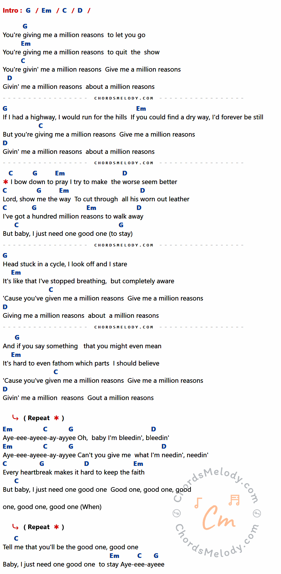 เนื้อเพลง Million Reasons ของ Lady Gaga มีคอร์ดกีต้าร์ ในคีย์ที่ต่างกัน G,Em,C,D