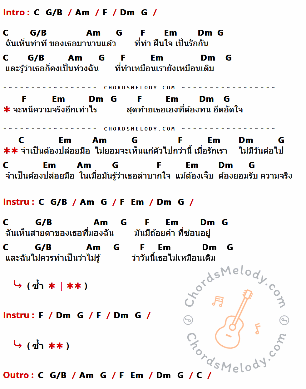 เนื้อเพลง จำเป็นต้องปล่อยมือ ของ Nos มีคอร์ดกีต้าร์ ในคีย์ที่ต่างกัน G,D/F#,Em,C,Am,D,Bm