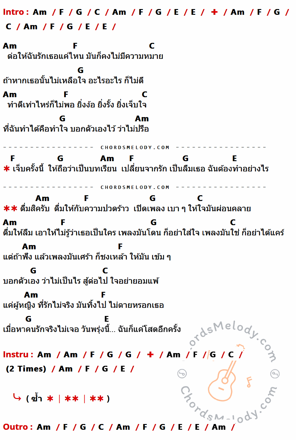 เนื้อเพลง เรื่องมันเศร้าขอเหล้าเข้มๆ ของ วุฒิ ป่าบอน มีคอร์ดกีต้าร์ ในคีย์ที่ต่างกัน Em,C,D,G,B